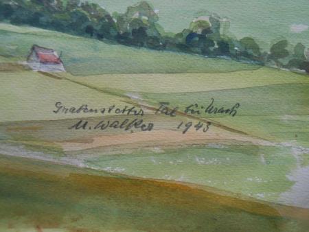 Grabenstetten Tal bei Urach. Aquarell signiert M. Walker datiert 1943