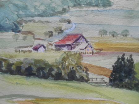 Grabenstetten Tal bei Urach. Aquarell signiert M. Walker datiert 1943