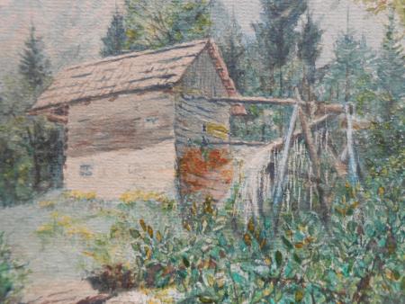 Waldmühle in der Länd bei Linz  "In letzter Stunde". Feines Aquarell um 1880