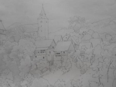 Carl Friedrich HARVENG Frankfurt Ansicht von Gernsbach b. Baden Baden Zeichnung