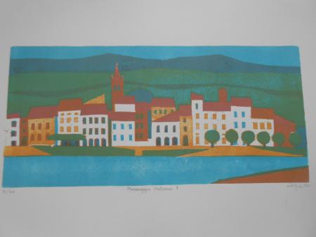 Mario Giani CLIZIA Turin TORINO Paesaggio Italiano Linolschnitt 1990 signiert 