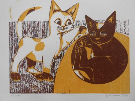 KATZE Hauskatze Kätzchen Felidae cat  chat Gerhard Grimm Grünsfeld 1980 signiert