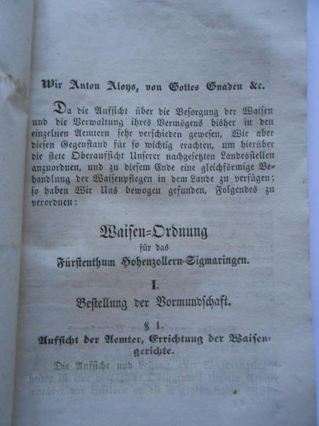 Waisen-Ordnung für das Fürstenthum Hohenzollern-Sigmaringen 1858 Liehner  JURA
