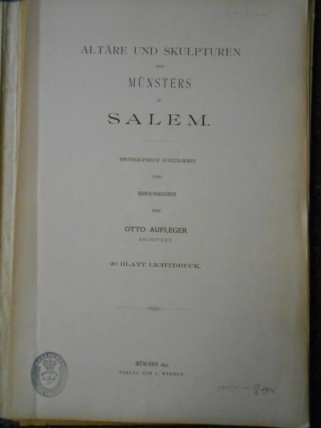 Otto Aufleger Altäre und Skulpturen des Münsters zu Salem Werner Verlag München