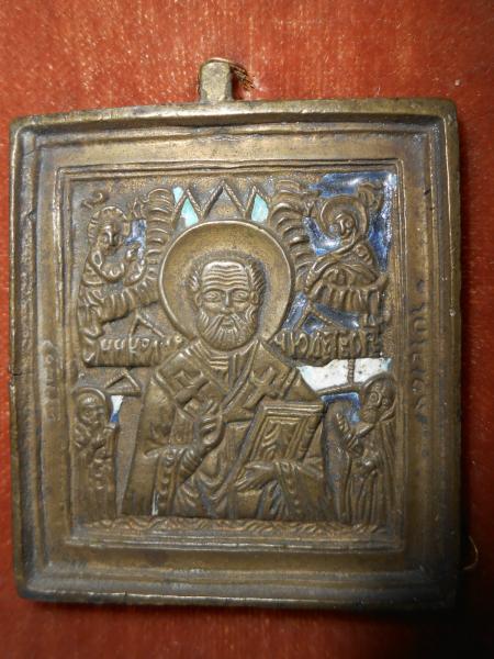 Russische Bronze Messing Ikone Russland Heiliger Sankt NIKOLAUS auf Samt Rahmen