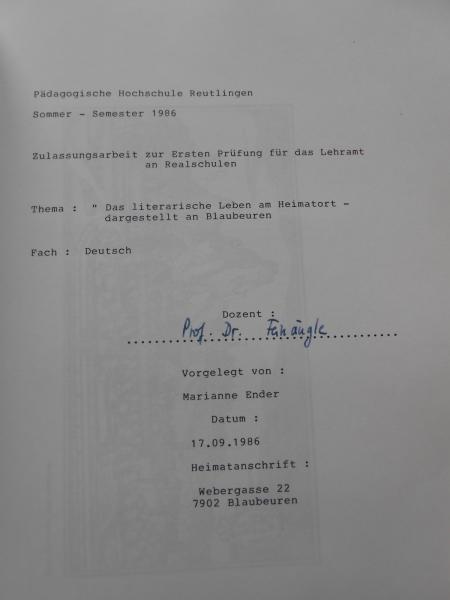 Marianne Ender Literarisches Leben dargestellt am Beispiel BLAUBEUREN 1986 RAR!