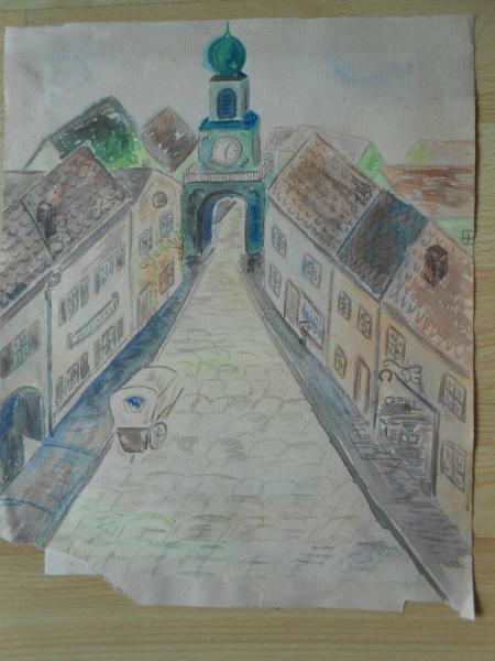 Heldenberg Hollabrunn Schmida Weinviertel Österreich Kirchturm Aquarell