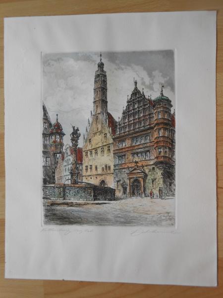 ROTHENBURG St. Georgsbrunnen Marktplatz Radierung um 1930 handkoloriert signiert