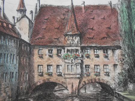 NÜRNBERG Heilig Geist Spital Pegnitz Radierung um 1930  handkoloriert signiert