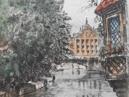 NÜRNBERG Heilig Geist Spital Pegnitz Radierung um 1930  handkoloriert signiert