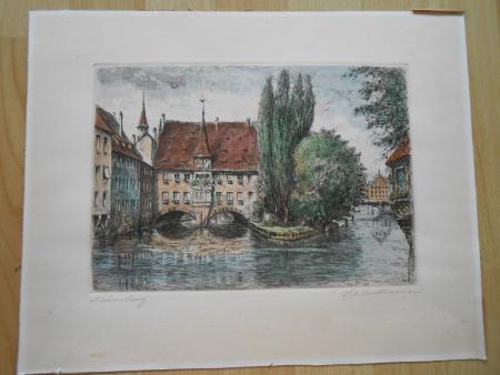 NÜRNBERG Heilig Geist Spital Pegnitz Radierung um 1930  handkoloriert signiert