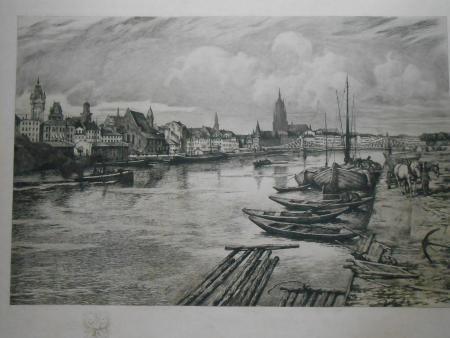 FRANKFURT am Main anno 1908 . Hafen Pferde Fuhrwerk Frachtkähne . Radierung