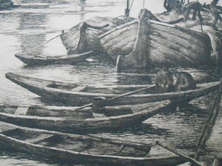 FRANKFURT am Main anno 1908 . Hafen Pferde Fuhrwerk Frachtkähne . Radierung