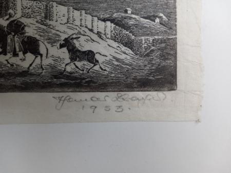 Holzstich TOLEDO Esel Kastilien castilia  Alcazar unleserlich Thomas ?? 1953